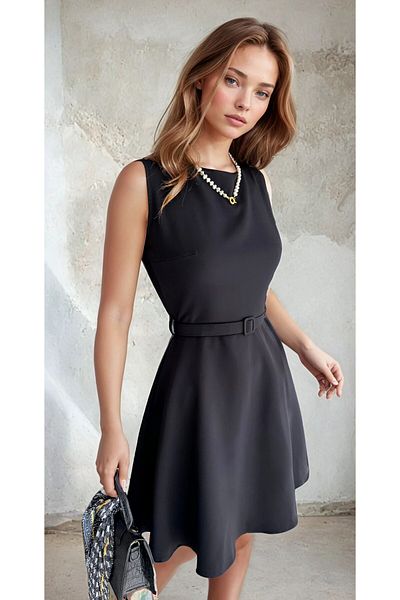 OLSAMODA Women's Atlas Fabric Belt and Pocketed Flare Dress