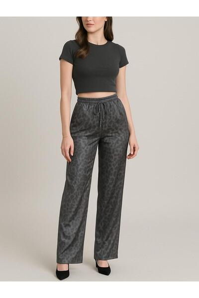 NOLYA MODA Women's Gray Leopard Patterned Satin Wide Leg Pants