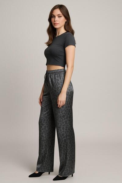 NOLYA MODA Women's Gray Leopard Patterned Satin Wide Leg Pants
