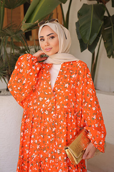 İmajButik Orange Half Button Skirt Layered Dress