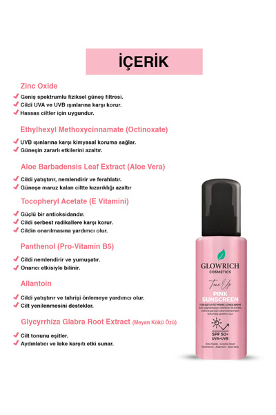 GLOWRİCH COSMETİCS Ton Eşitleyici Leke Karşıtı Anti-pigmentasyon Özellikli Pembe Güneş Kremi (spf 50 ) 100 ml