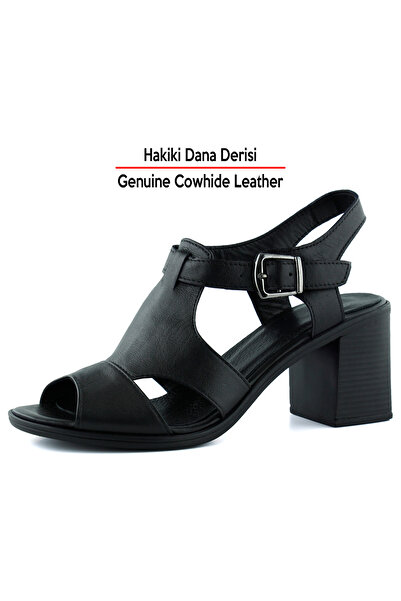 Erkan Saçmacı Svajone Black Genuine Calf Leather Cutout Detailed Buckle Thick Heeled Comfortable Daily Sandals