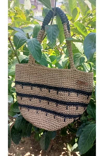 yaso shop Çizgili El Örgüsü Hasır Kağıt Ip Sepet Çanta Kahverengi Siyah Plaj Çantası