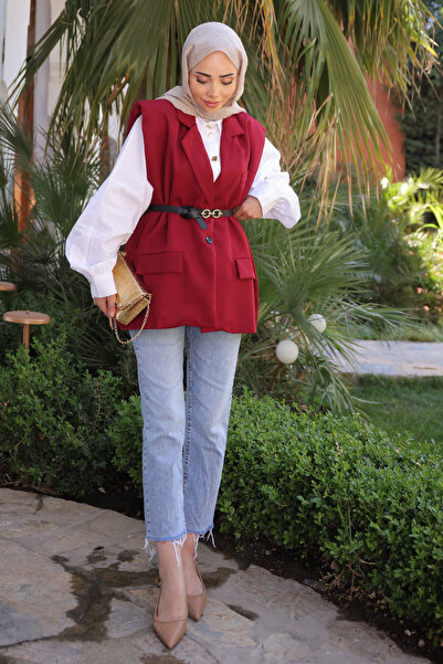 İmajButik Burgundy Waist Belted Vest