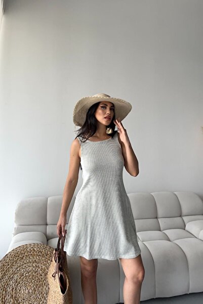 Cochines Women's Gray White Striped Zipper Closure Strap Summer Sleeveless Mini Skirt Short Dress