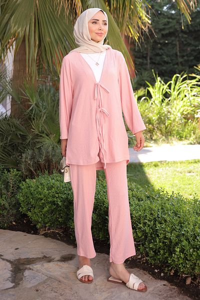 İmajButik Σετ παντελόνι κιμονό με προδεμένο κορδόνι σε σκόνη