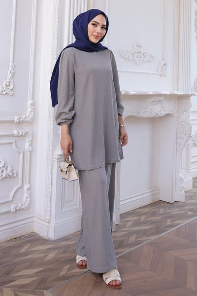 İmajButik Γκρι τυλιγμένο τουνίκ παντελόνι