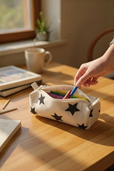 DERKADESİGN ÜÇGEN GENİŞ HACİMLİ YILDIZ DESENLİ KALEMLİK - KALEM KUTUSU - MAKY...