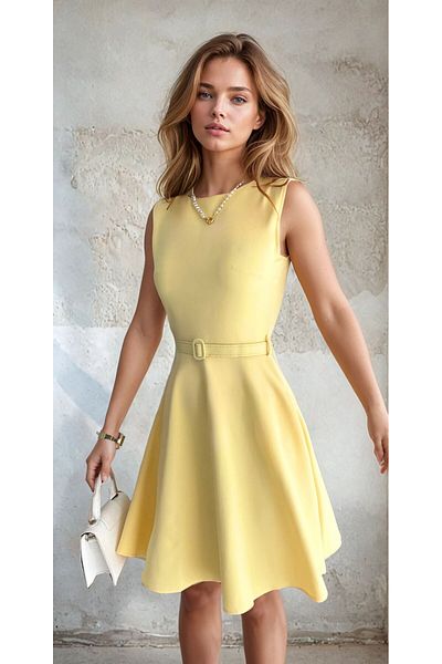 OLSAMODA Women's Atlas Fabric Belt and Pocketed Flare Dress