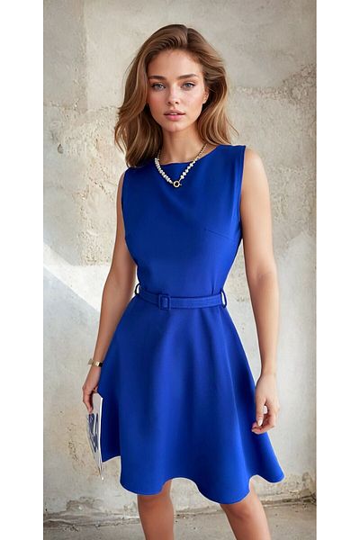 OLSAMODA Women's Atlas Fabric Belt and Pocketed Flare Dress