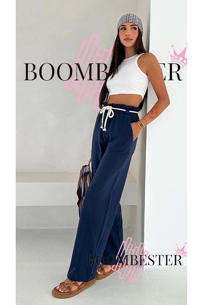 BoomBester Women's Crinkle Rope Belted Wide Leg Relaxed Fit Palazzo Pants 100% Cotton Fabric Elastic Waist
