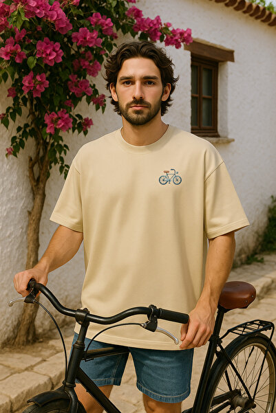 wolka Embroidery Look Bicycle Printed 100% Cotton Oversize Crew Neck Beige Me...