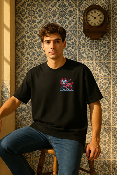 Aslan Baskılı %100 Pamuk Oversize Bisiklet Yaka Siyah Erkek T-shirt