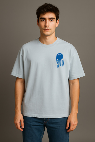 wolka تي شيرت سبوتنيك سبيس شوت مطبوع 100% قطن كبير الحجم برقبة دائرية رمادي للرجال