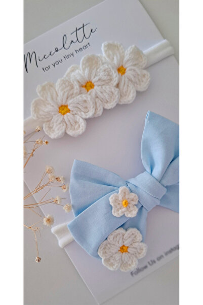 Miccolatte Cotton Bow and Mesh Daisy Bandana Set of 2 – Newborn & 0‑1 Years Old Baby Girl Accessory