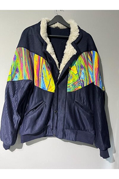 Aztek Vintage Oversize Retro Etnik Gökkuşağı Desenli Kürklü Ceket Lgdl3 -large
