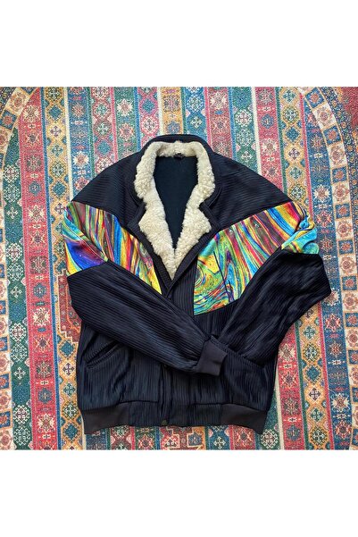Aztek Vintage Oversize Retro Etnik Gökkuşağı Desenli Kürklü Ceket Lgdl3 -large