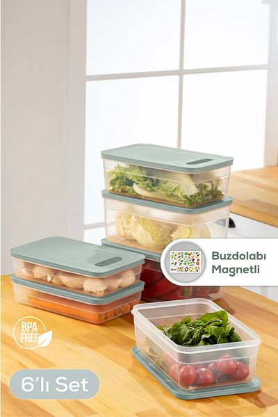 Vienev Mint Colored 6-Piece Adjustable Vegetable and Fruit Storage Set - 2.5-3.8-5 Liters