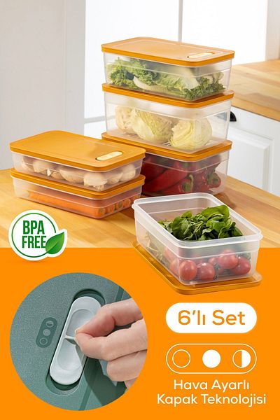 Vienev 6-Piece Orange Vegetable and Fruit Storage Set - 2.5-3.8-5 Liters