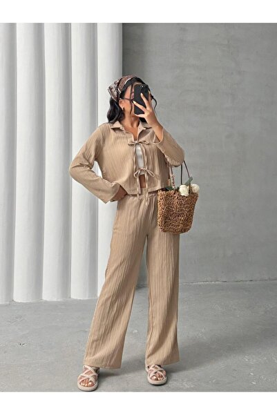 New Lune Women's Clothing Beige Front Tie Muslin Set, Bottom Top Set