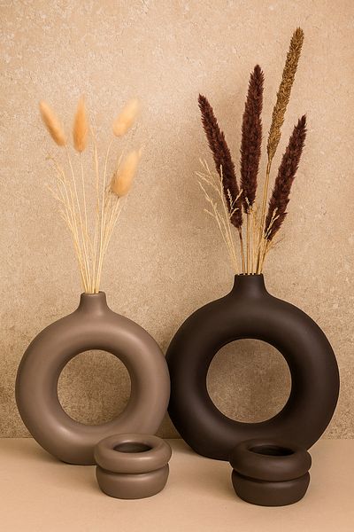 TACTIC Modern Decorative Ring Vase and Candle Holder Set - Nordic Home Decor Set 4 Piece Set Coffee - Mink