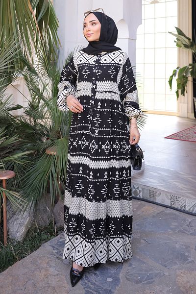İmajButik Black Patterned Half Button Viscon Dress