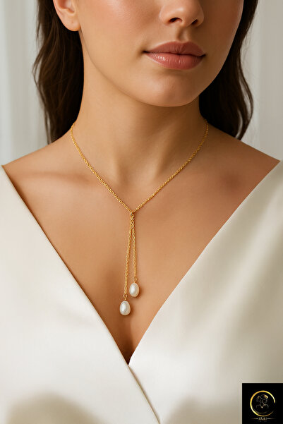 MinimalistTasarım Gerçek inci kolye, İkili kolye, y model kolye,y kolye çelik...