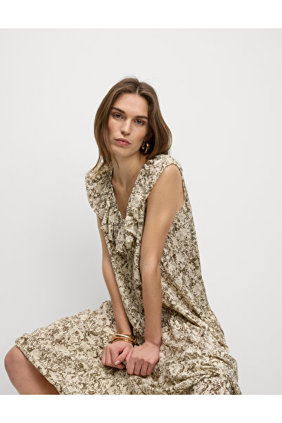 Marks & Spencer V Yaka Fırfır Detaylı Regular Fit Midi Elbise