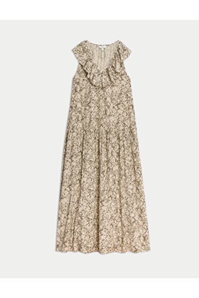 Marks & Spencer V Yaka Fırfır Detaylı Regular Fit Midi Elbise