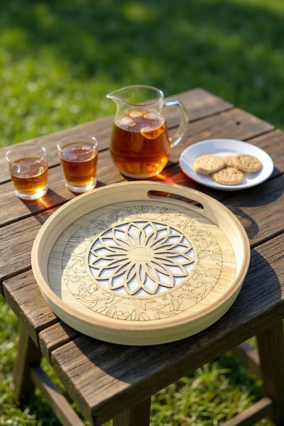 Living Set of 2 serving trays, decorated wooden with a glass top.