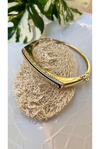 MyladyAccessoriess Zirkon Taş Detaylı Çelik Kelepçe Bileklik Siyah