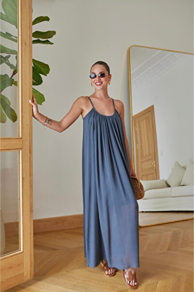 FEMMESTUDIO Women's Anthracite Rope Strap Pleat Detailed Maxi Dress