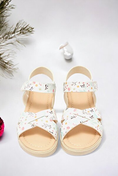 Ponchiq Velcro Ecru Printed Girl's Sandals