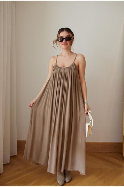 FEMMESTUDIO Rochie de damă Camel cu curea de frânghie cu detalii în pliuri