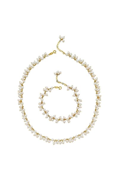 Birinci1926 14 Ayar Altın Kadın Sallantılı Inci 4mm Kolye Ve Bileklik Ikili Set