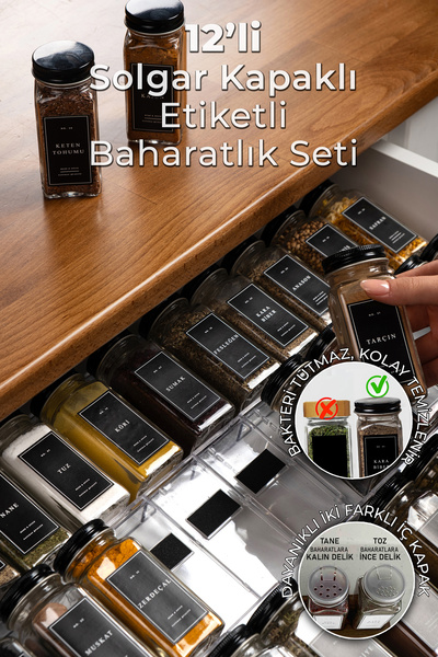 Mienda Home Mienda Home 12 Adet Cam Baharatlık Seti Siyah Etiketli-kapaklı Ba...