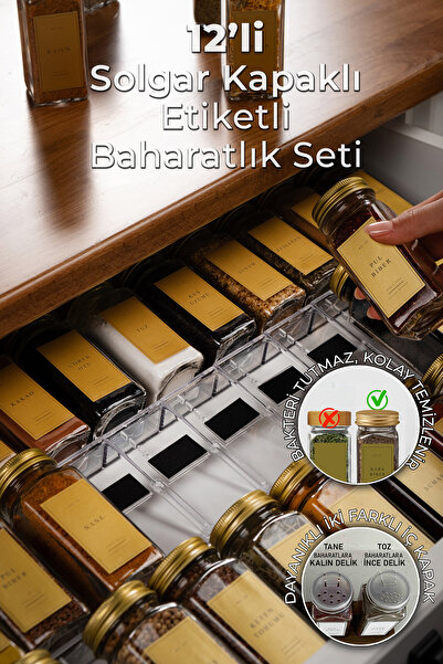 Mienda Home 12'li Cam Gold Kapaklı Gold Etiketli 12-li Baharatlık Seti Takımı...