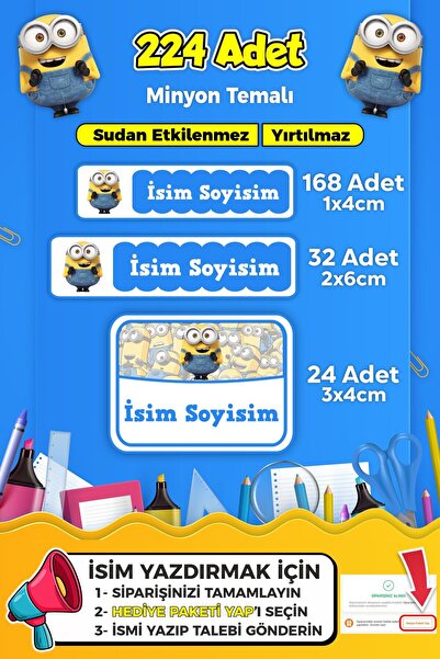 SB store Minyon Temalı Okul Kreş Kişiye Özel Isim Etiket Seti - Model 16