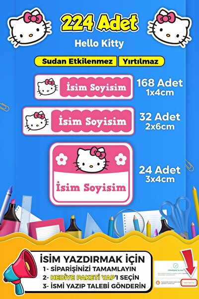 SB store Hello Kitty Temalı Okul Kreş Kişiye Özel Isim Etiket Seti - Model 5