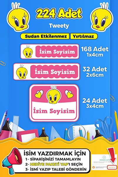 SB store Tweety Temalı Okul Kreş Kişiye Özel Isim Etiket Seti - Model 23