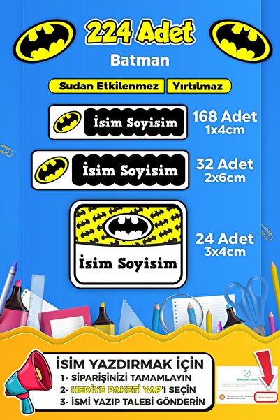 SB store Batman Temalı Okul Kreş Kişiye Özel Isim Etiket Seti - Model 3