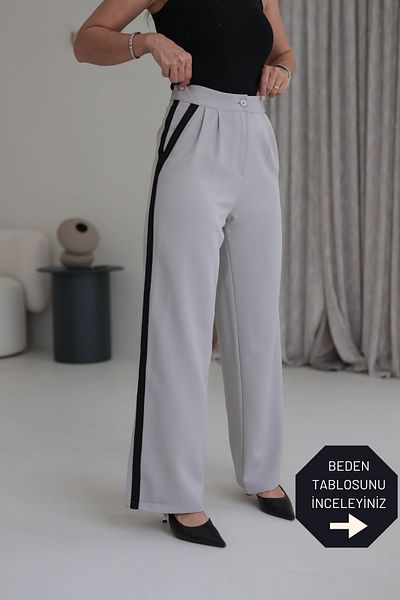 trendalisse Gray Palazzo Fabric - Wide Leg Trousers with Side Stripes and Pleats