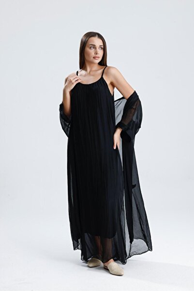 mirandalya İtalyan Ipek Uzun Siyah Elbise