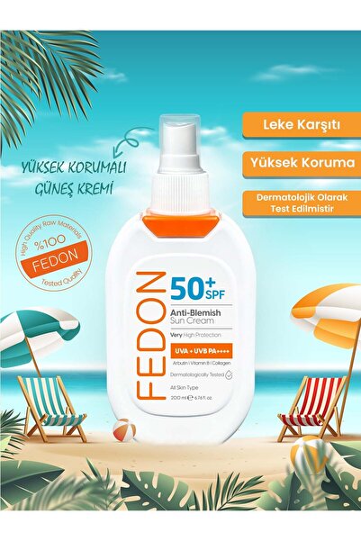 fedon SPF 50 Faktör Güneş Kremi 200 ml Yüksek Koruma Vegan Leke Karşıtı Suya Dayanıklı Vitamin B Kolajen