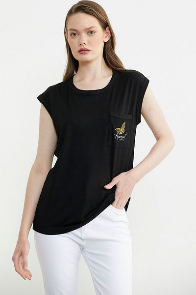Sementa Tricou cu buzunare drapat cu maneca joasa - negru
