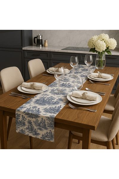 CHİLL Bohemian Navy Runner |   Patterned Woven Waterproof Fabric |   35X150Cm