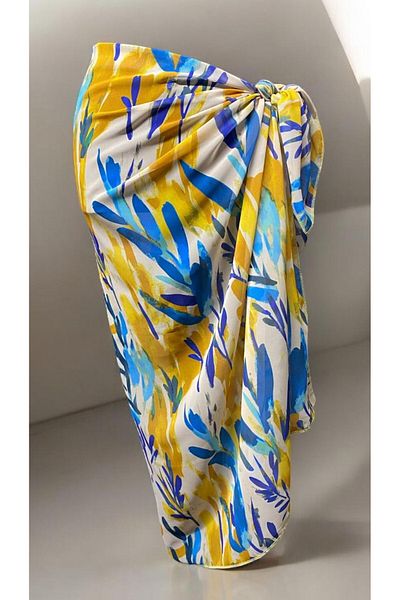 owiç Long Yellow Blue Patterned Chiffon Pareo Women's Beach Dress