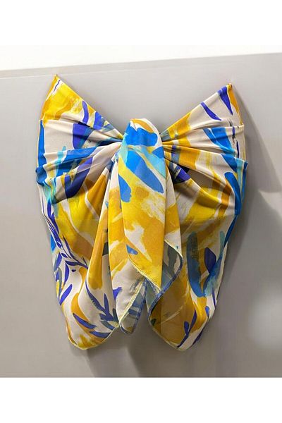 owiç Short Yellow Blue Patterned Chiffon Pareo Women's Beach Dress