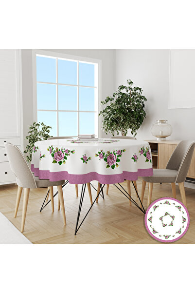 yok yok evim eve dair her şey YUVARLAK pembe KANAVİÇE Desenli Keten efektli D...