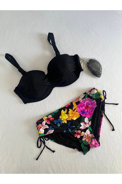 hazelin Women's Black Stone Embroidered Flower Pattern Bikini Suit Hzl25S-Lc3368